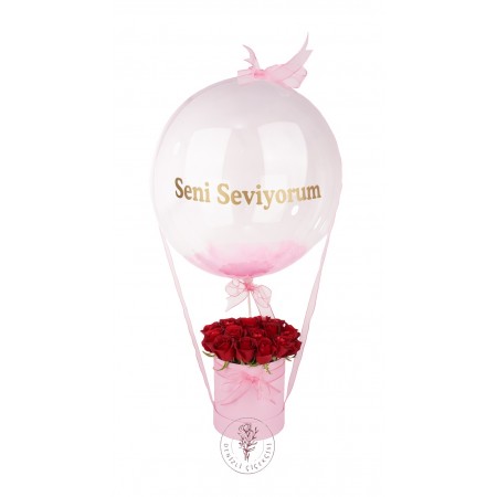 Seni Seviyorum Yazılı Balonlu Gül Kutusu